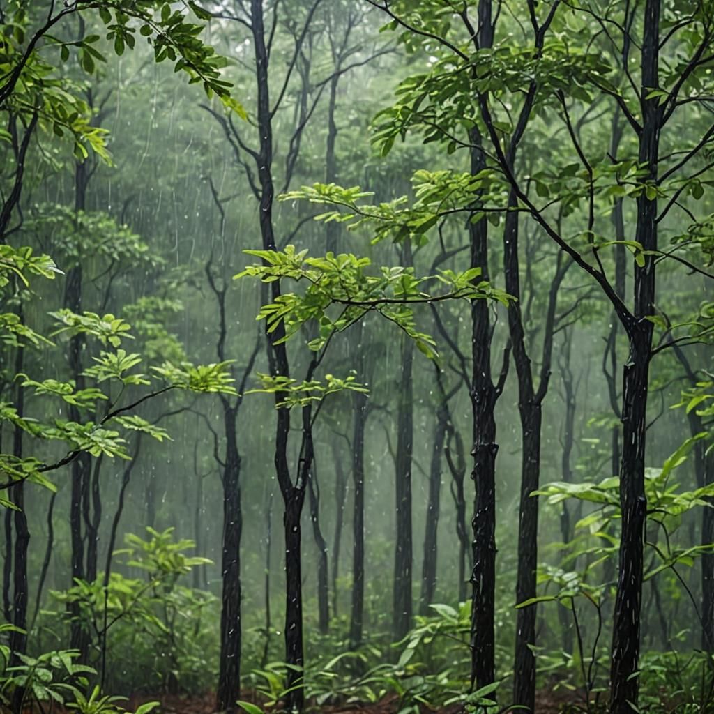 Raindrops Falling onto a Forest Canopy