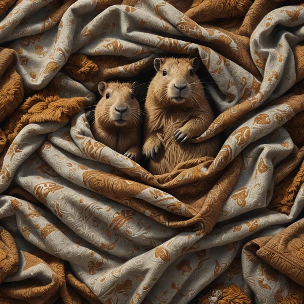 Furry Capybara in Blanket: Detailed Matte Painting