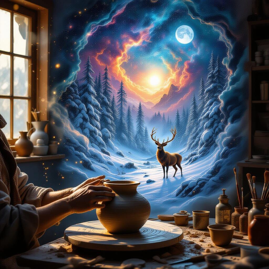 Magical Realism Scene of Merging Realities and Creation