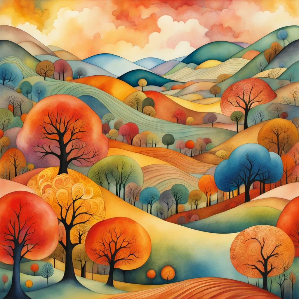 Autumn Landscape in Watercolor with Abstract Elements