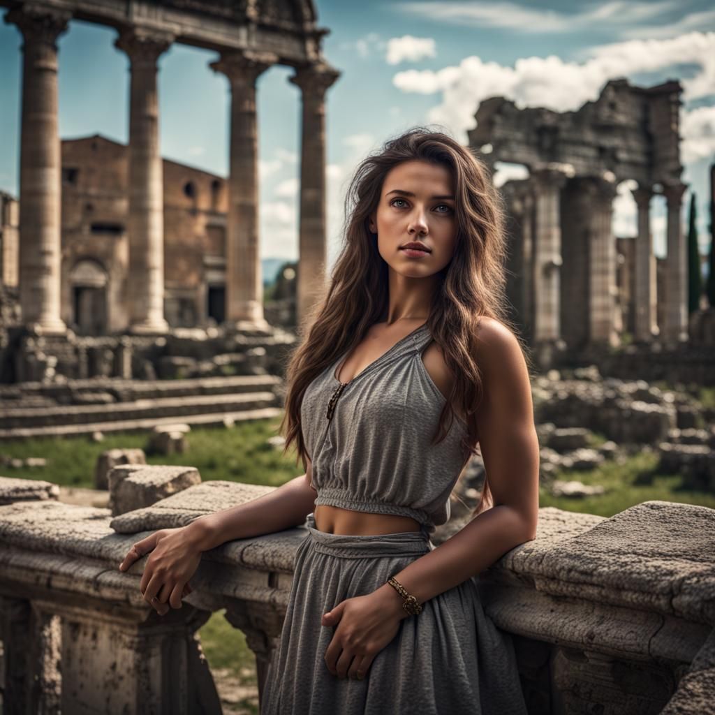 Italian Girl Posing in Front of Roman Ruins