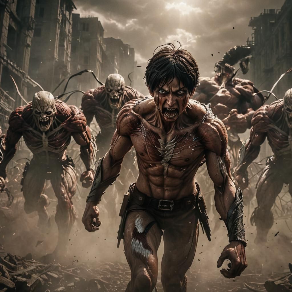 Eren Yeager Charges Titans: Cinematic Dark Fantasy