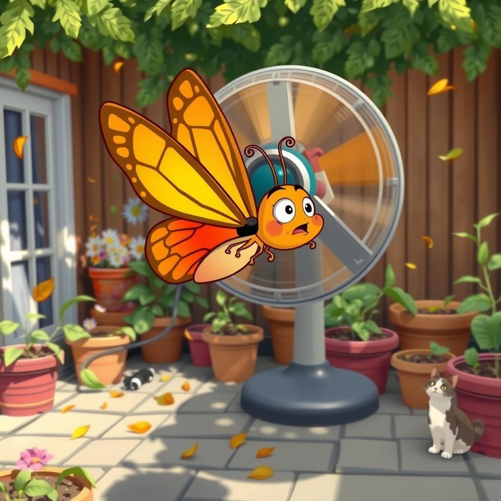 Cartoon Butterfly Blown by Fan in Garden