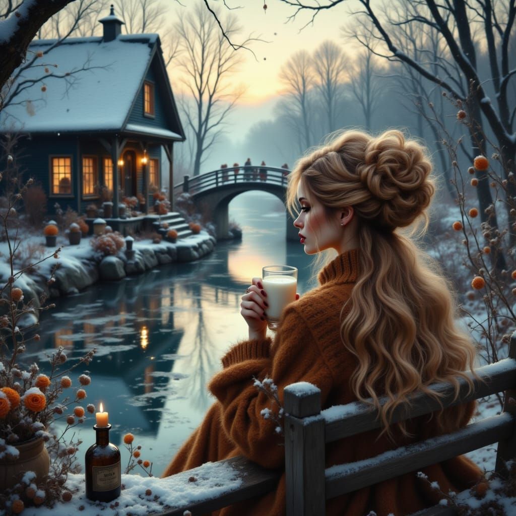 Serene Woman in Winter Attire by Rustic House