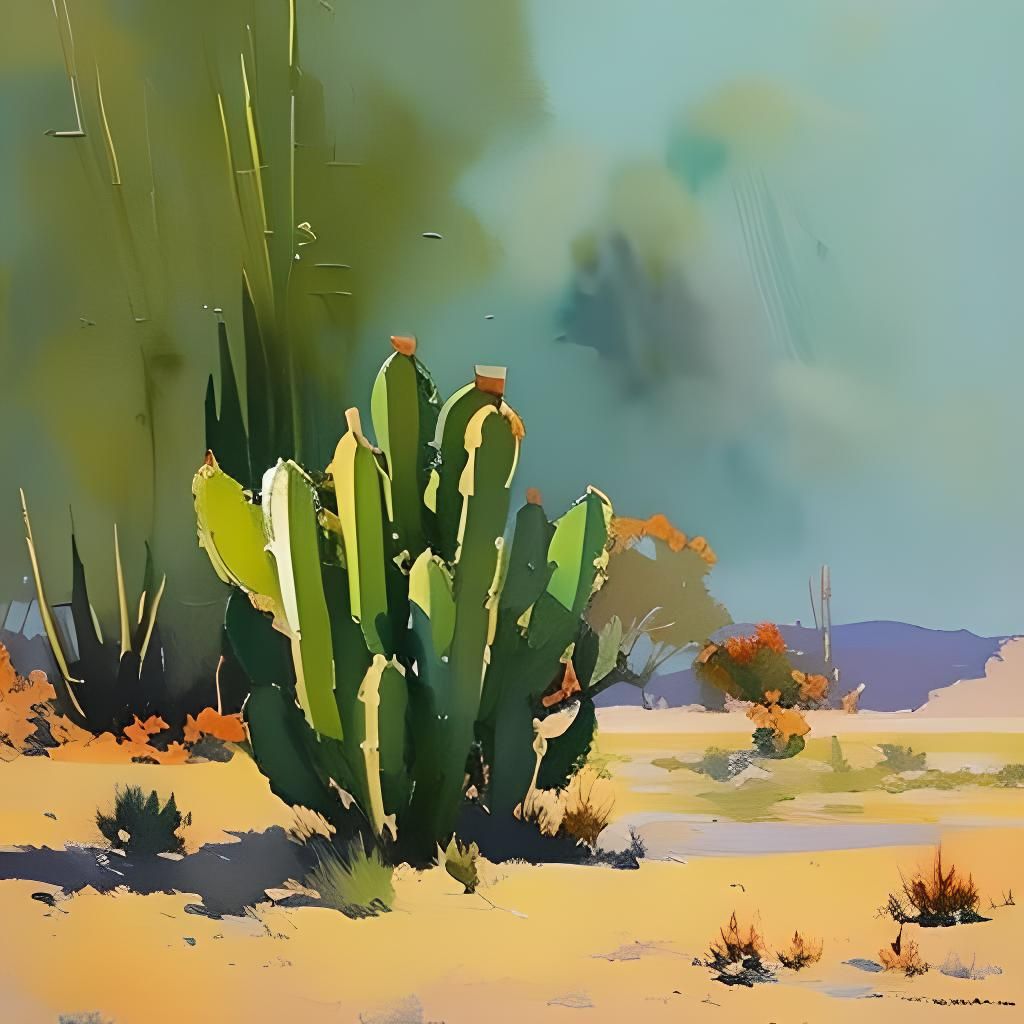 Detailed Cactus in Impressionist Gouache Style