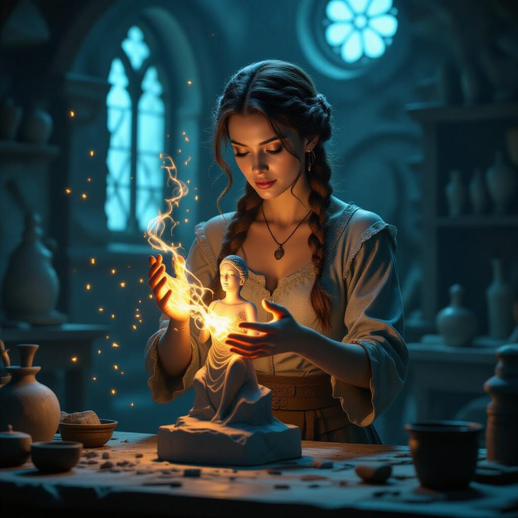 Magical Sculptor Brings Statue to Life with Glowing Runes