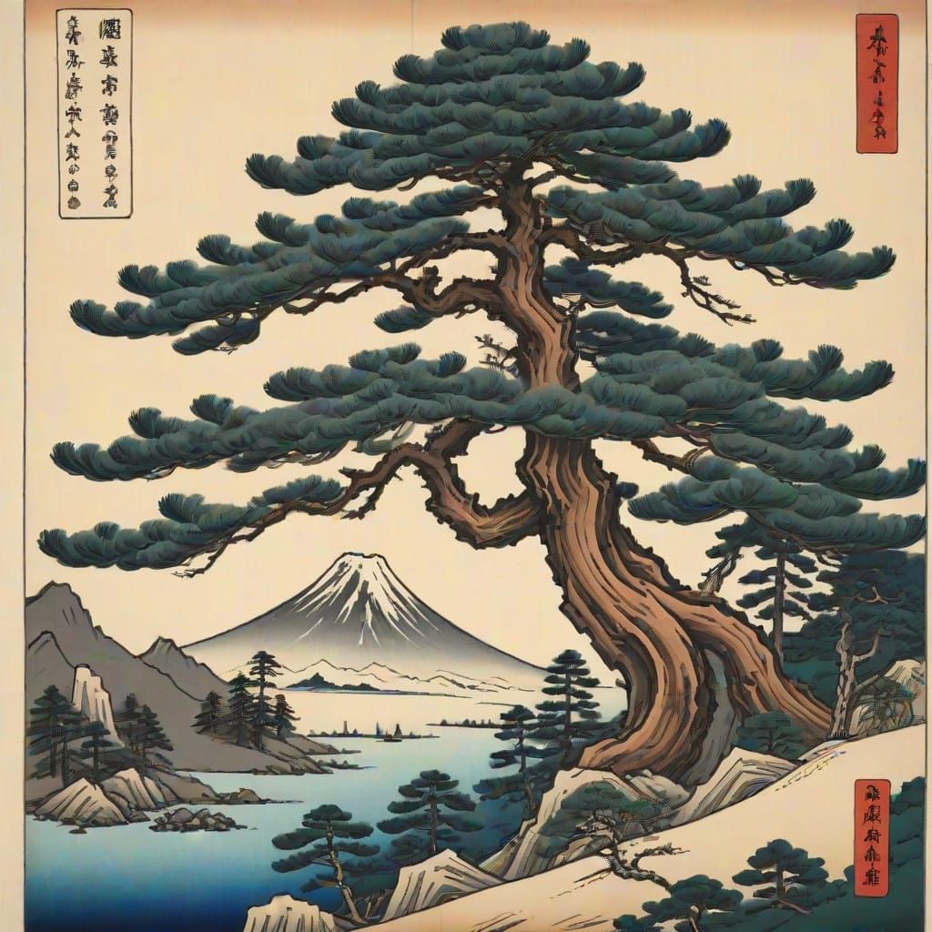 Traditional Japanese Pine Tree in Ukiyo-e Style