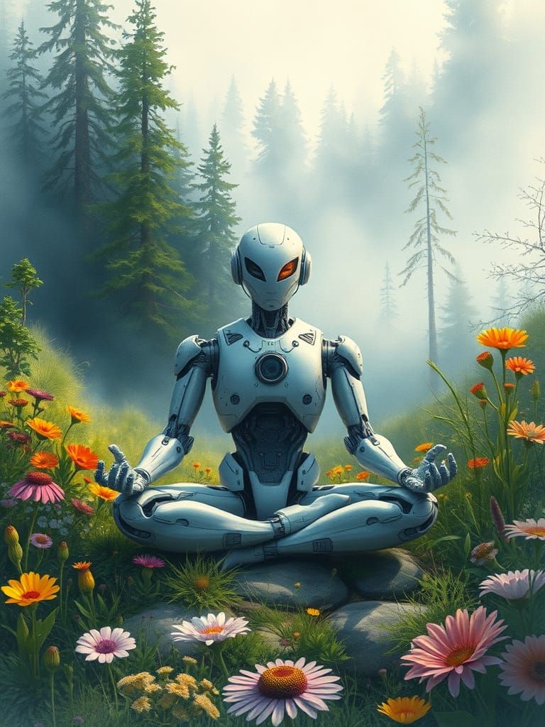 Surreal Futuristic Robot Meditates in Vibrant Natural Landsc...