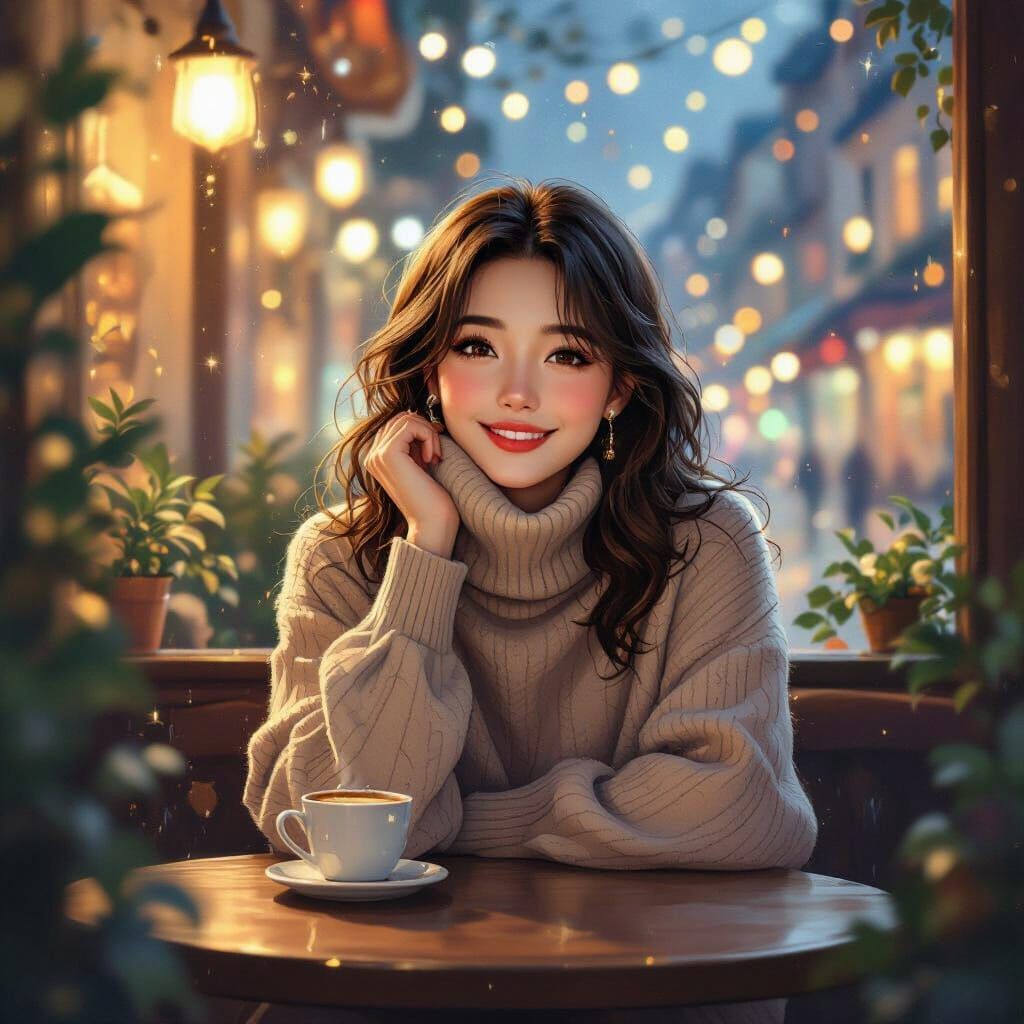 Cozy Night Cafe Scene in Art Nouveau Style