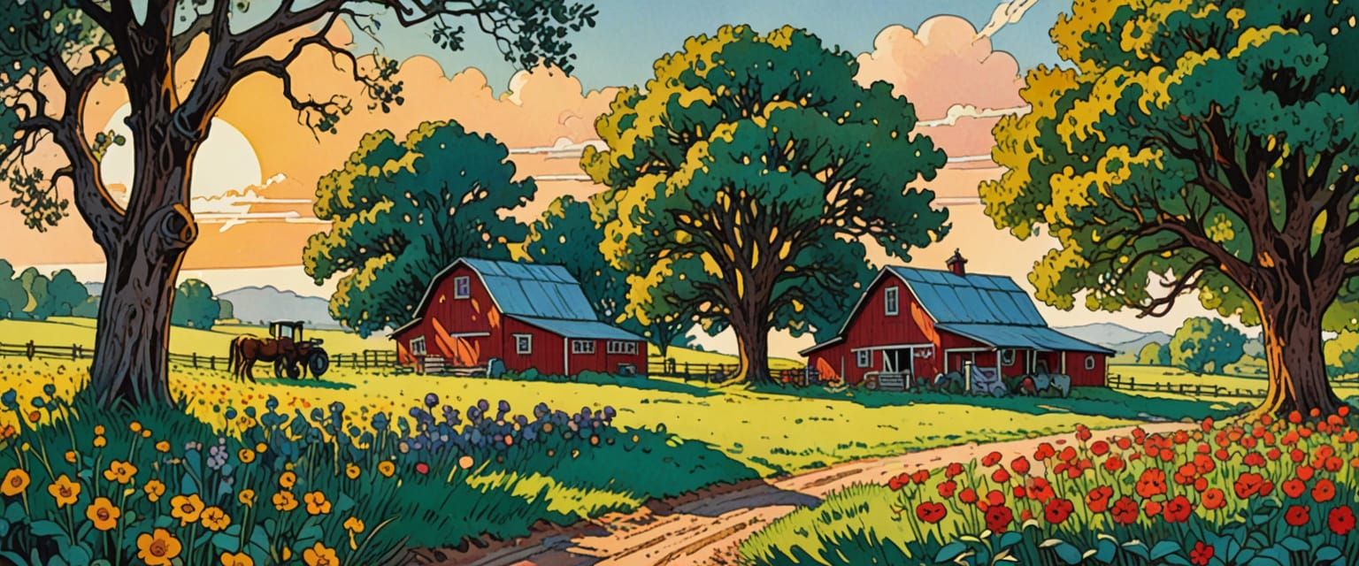 Farm Scene With Animals and Tractor in Watercolor Style