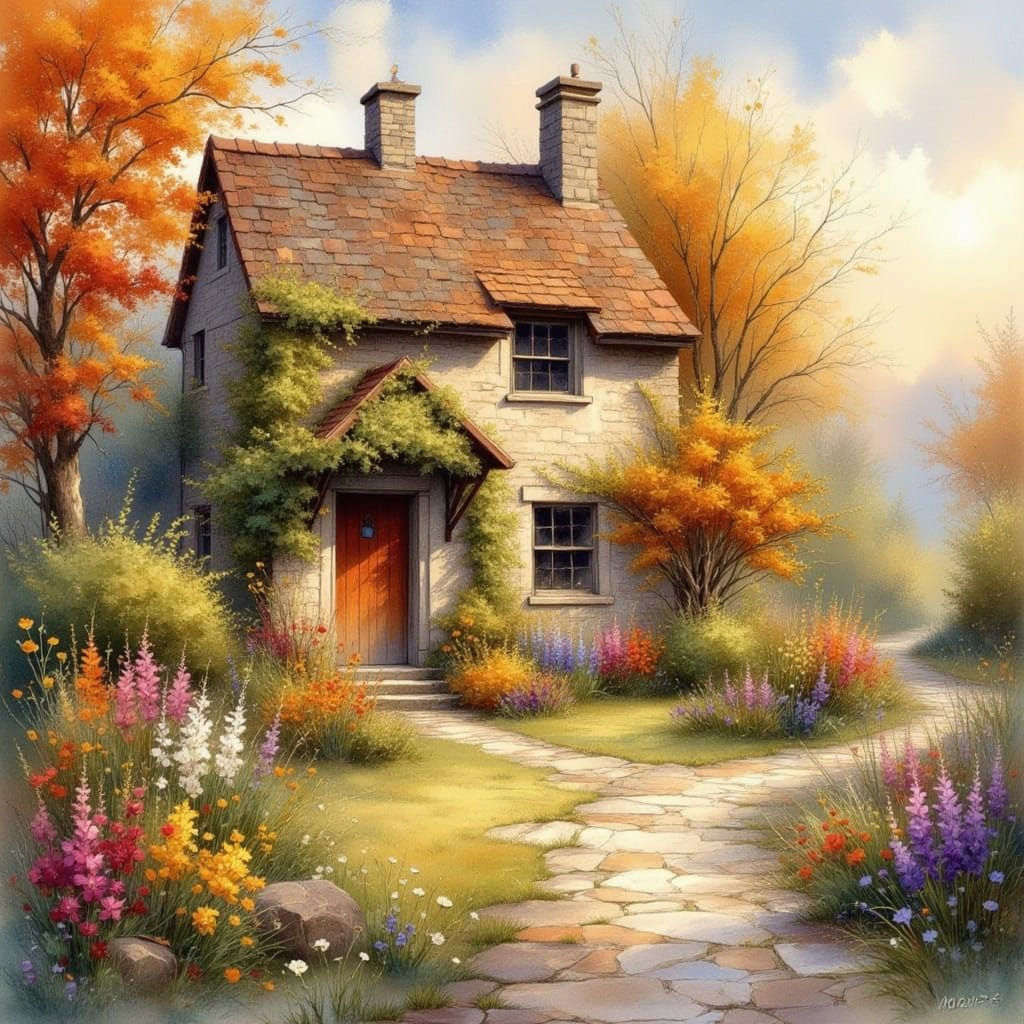Enchanting Autumn Cottage in Folk Art Style