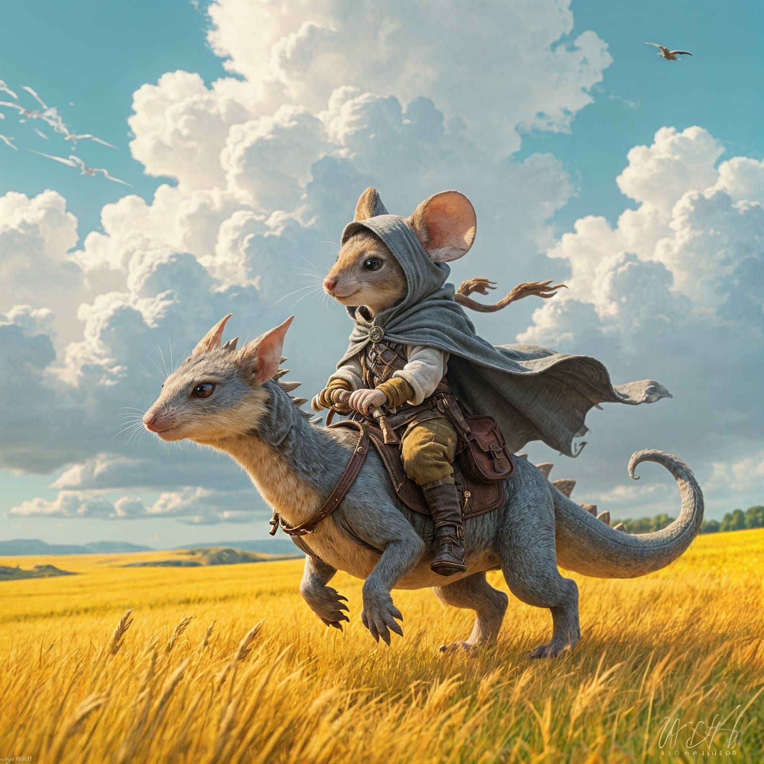 Mouse Riding Dragon in Stormy Sky