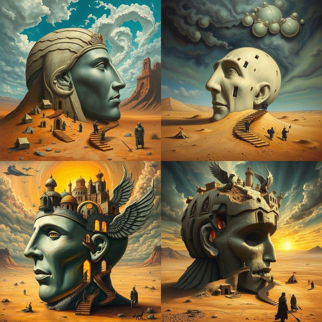 Surreal Desert Head: A Dalí-Inspired Oil Painting