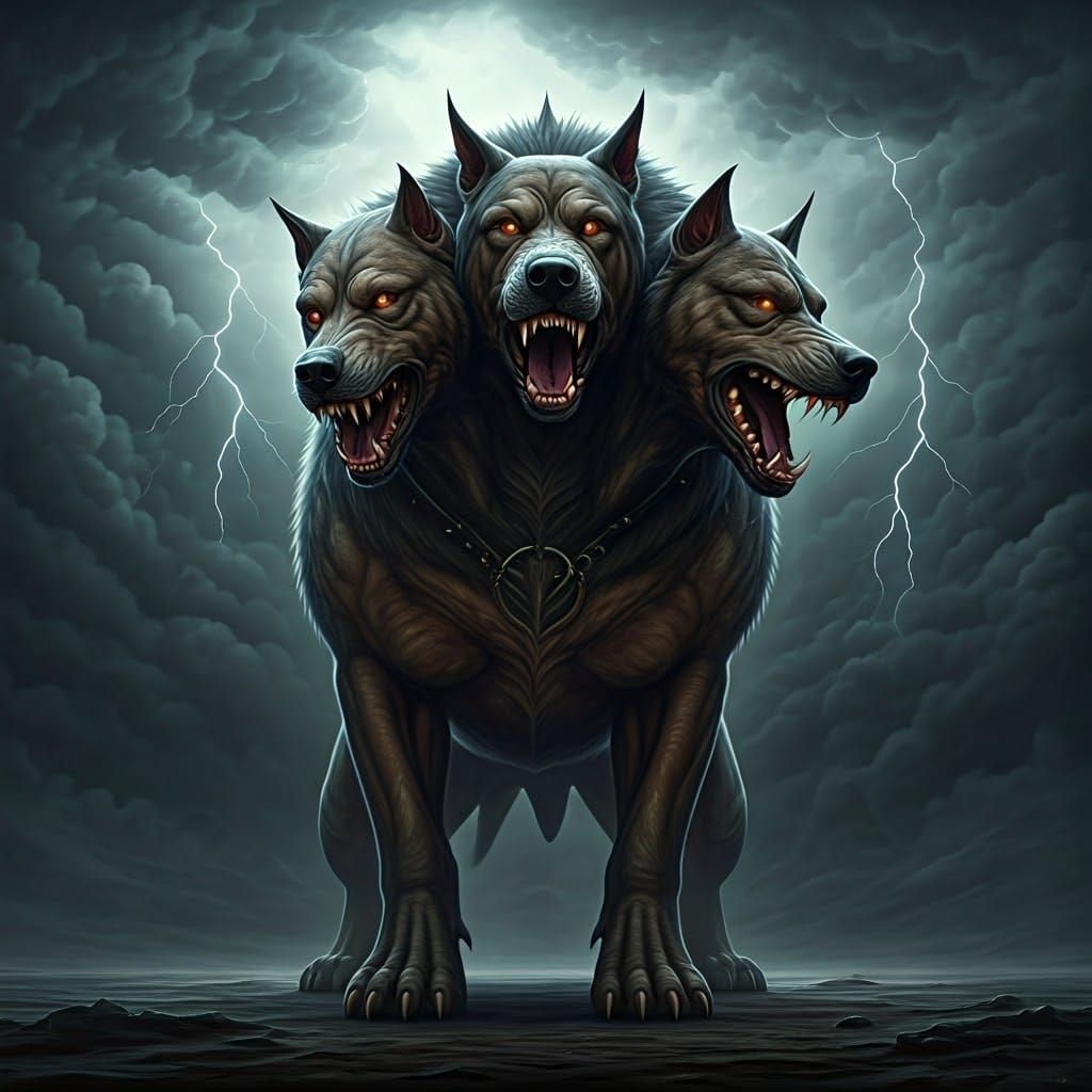 Three-Headed Dog in a Dark Fantasy Landscape