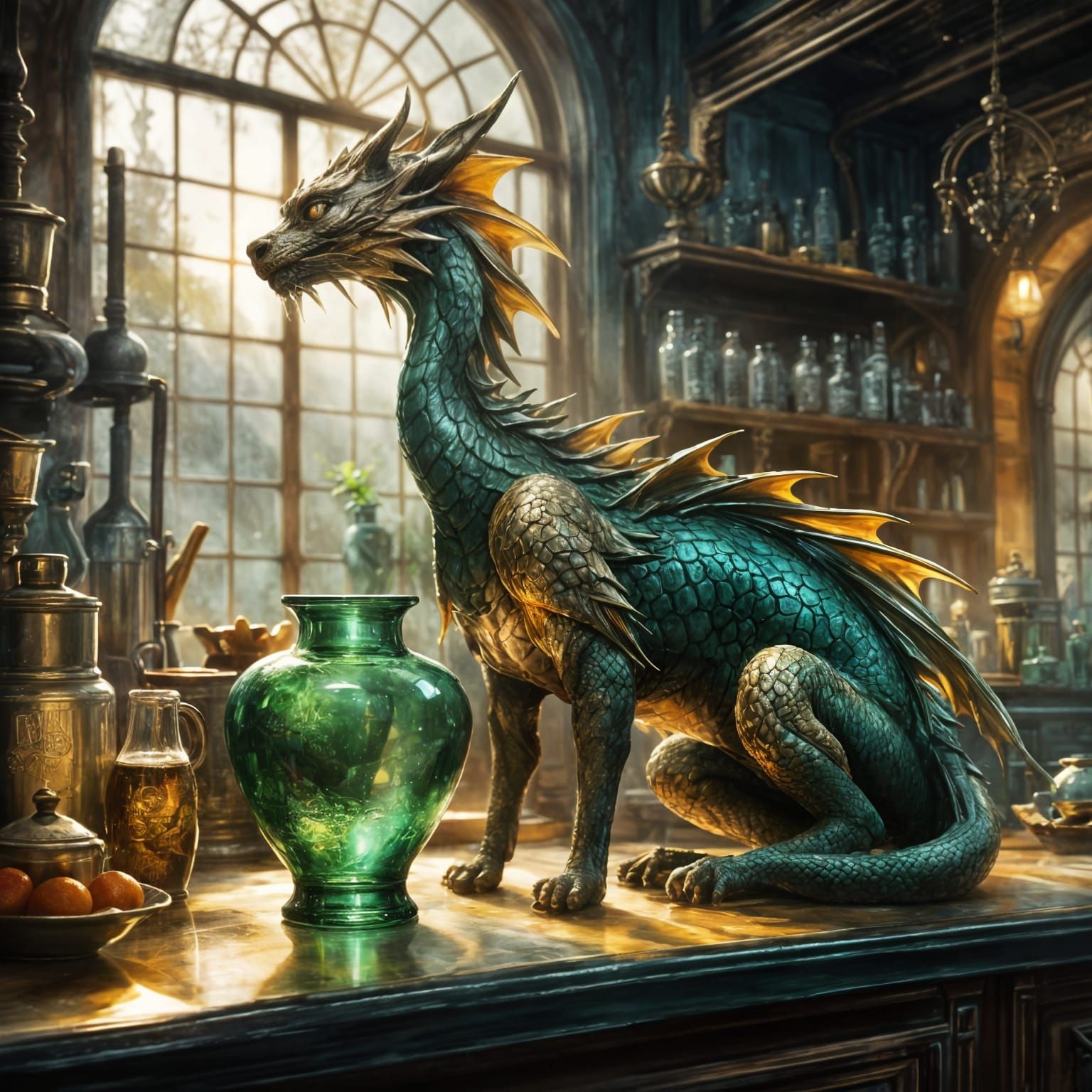 Whimsical Cat Inspects Antique Dragon Sculpture in Enchanted...