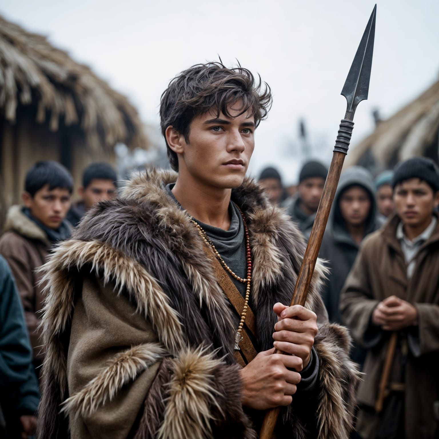 Young Leader with Spear in Village Scene