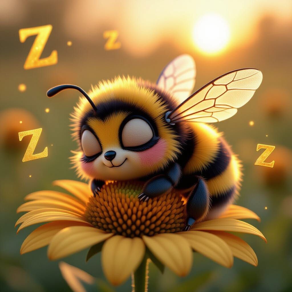 Sleeping Bee in Dreamy Sunrise, Pixar-style Animation