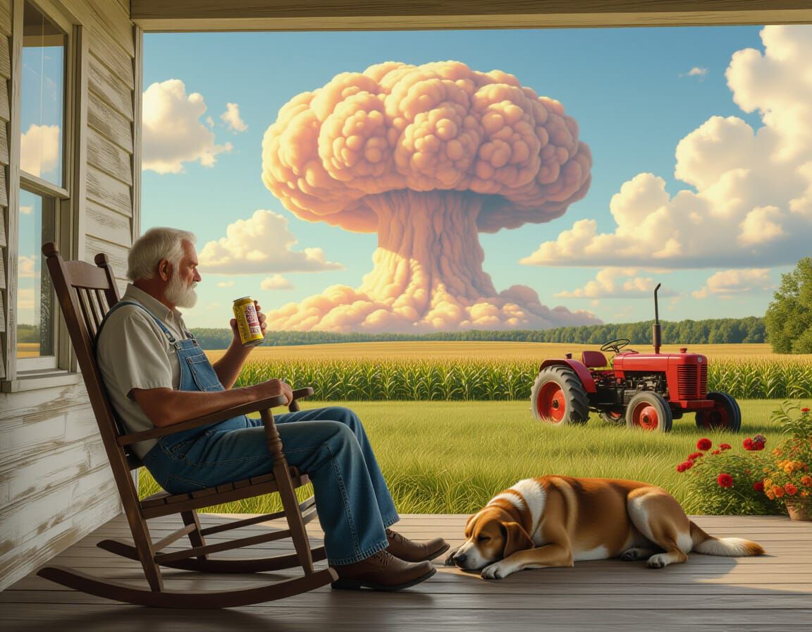 Oklahoma Man Contemplates Nuclear Cloud, Photorealistic Styl...