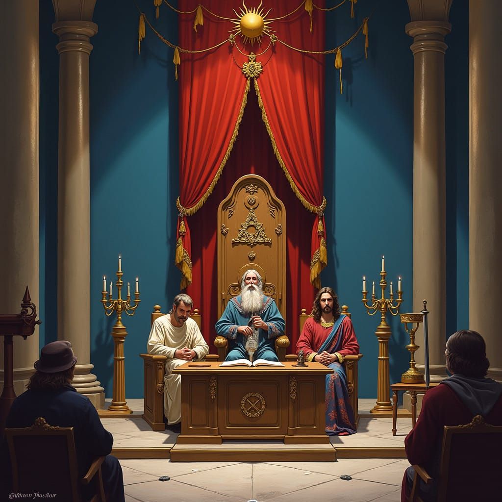 Mystical Masonic Temple with Blue Walls and Red Canopy