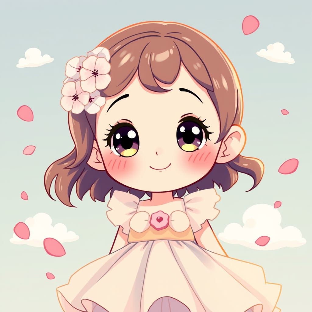 Kawaii Anime Portrait of Innocent Girl in Whimsical Sakura S...