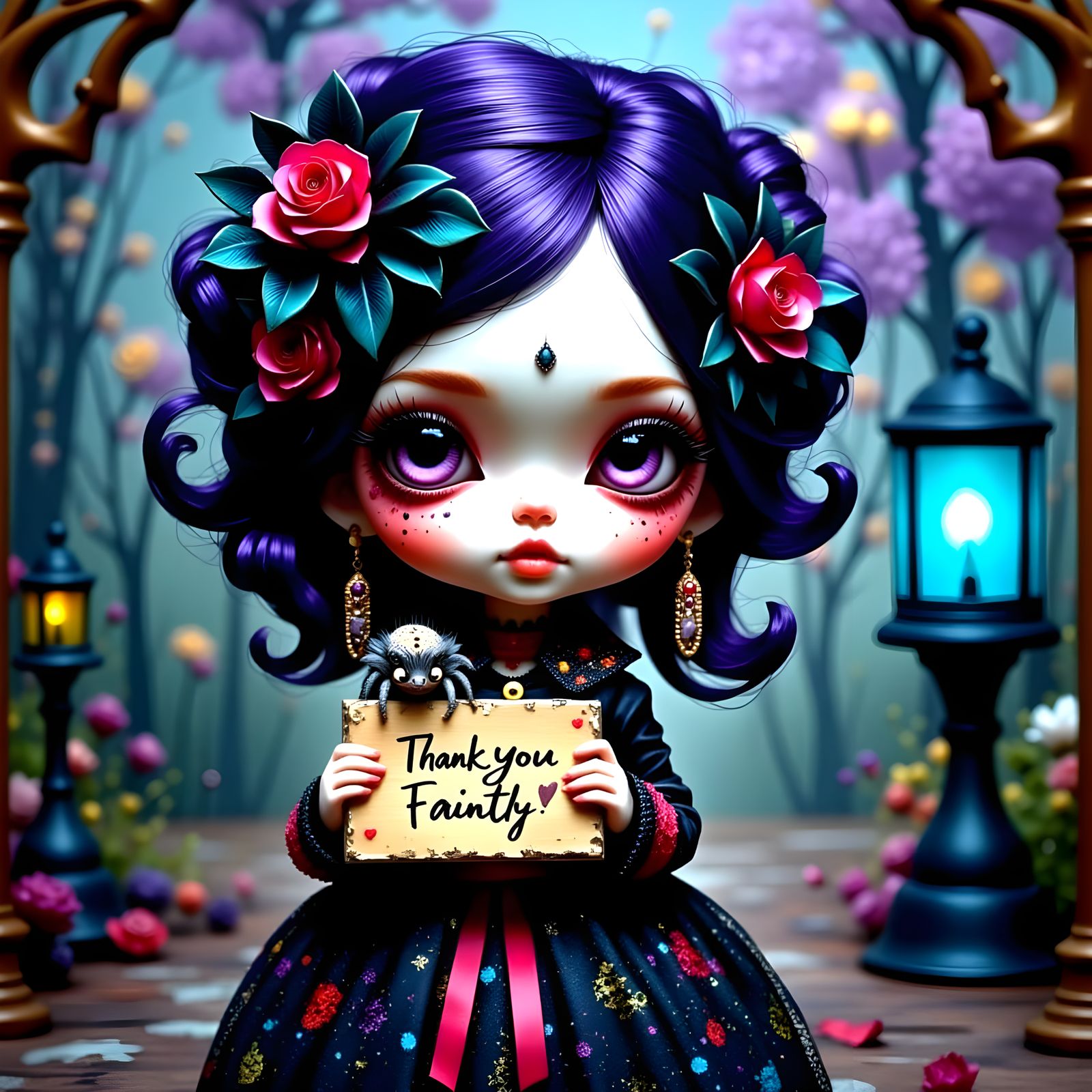 Chibi Gothic Doll with Pet Spider, Expressing Gratitude