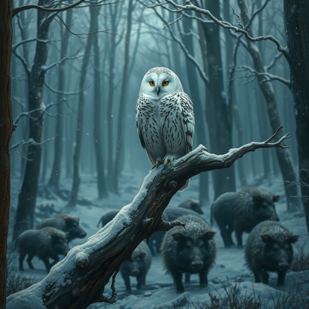 Snowy Owl in Mystical Forest, Surrounded by Wild Boars and G...