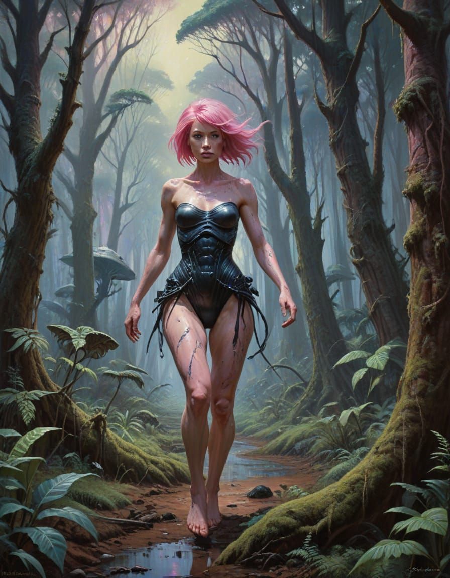 Pink Haired Woman Explores Alien Forest