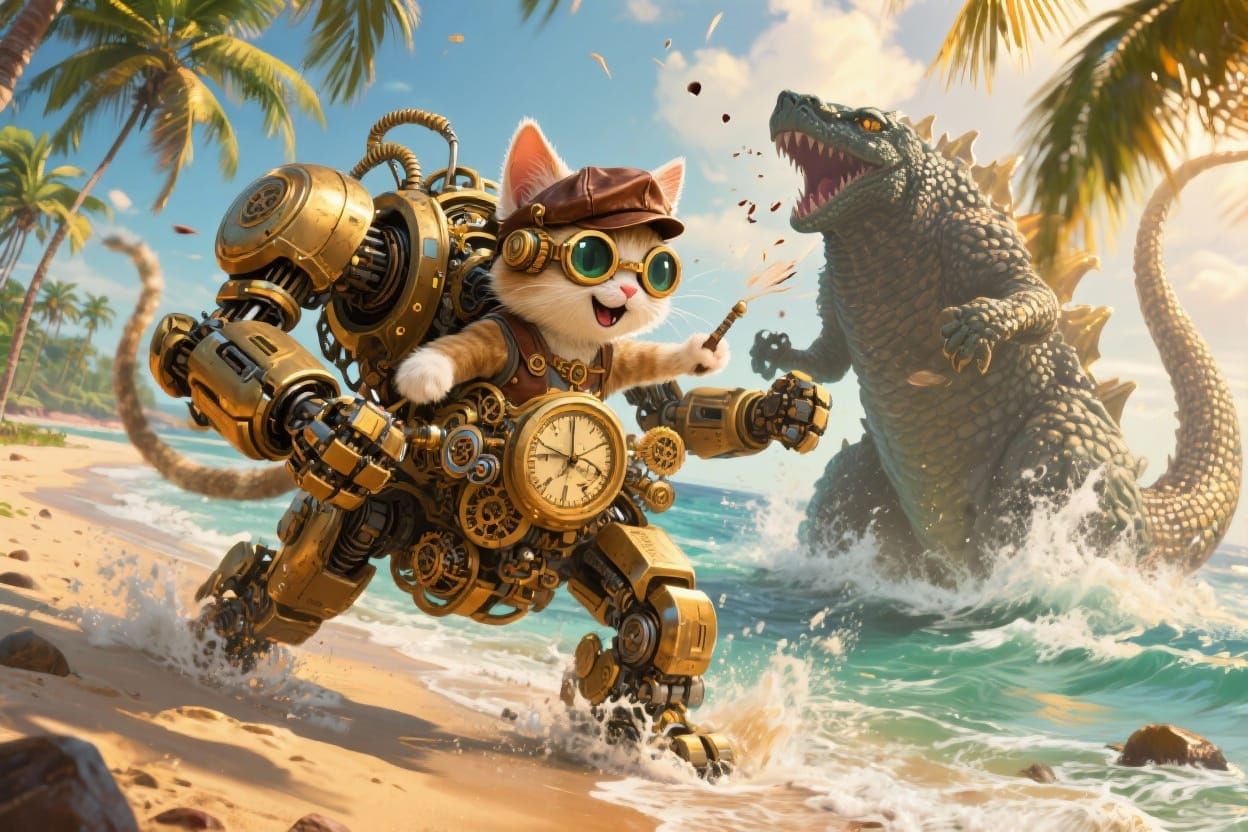 Steampunk Kitten Mecha Battles Kaiju on Hawaiian Beach