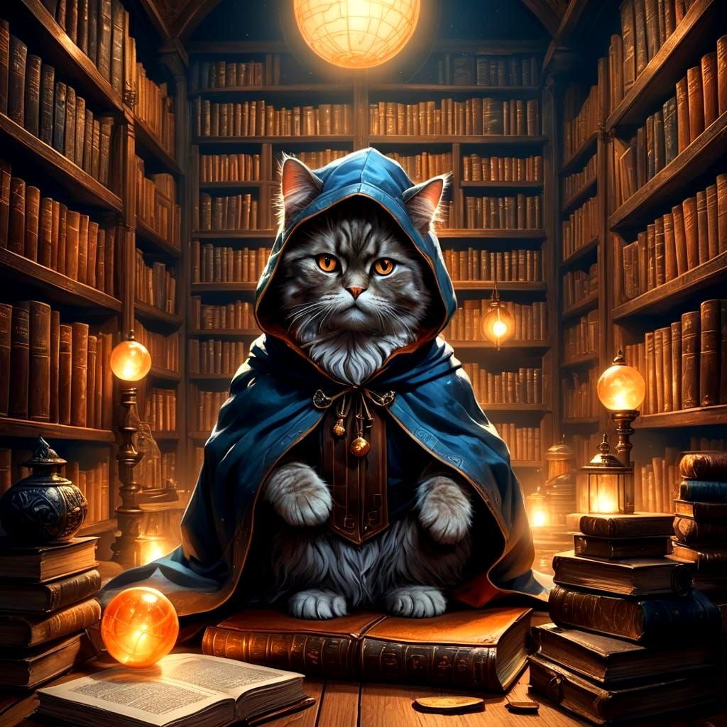 Persian Cat D&D Character in Library, Cartoon Style