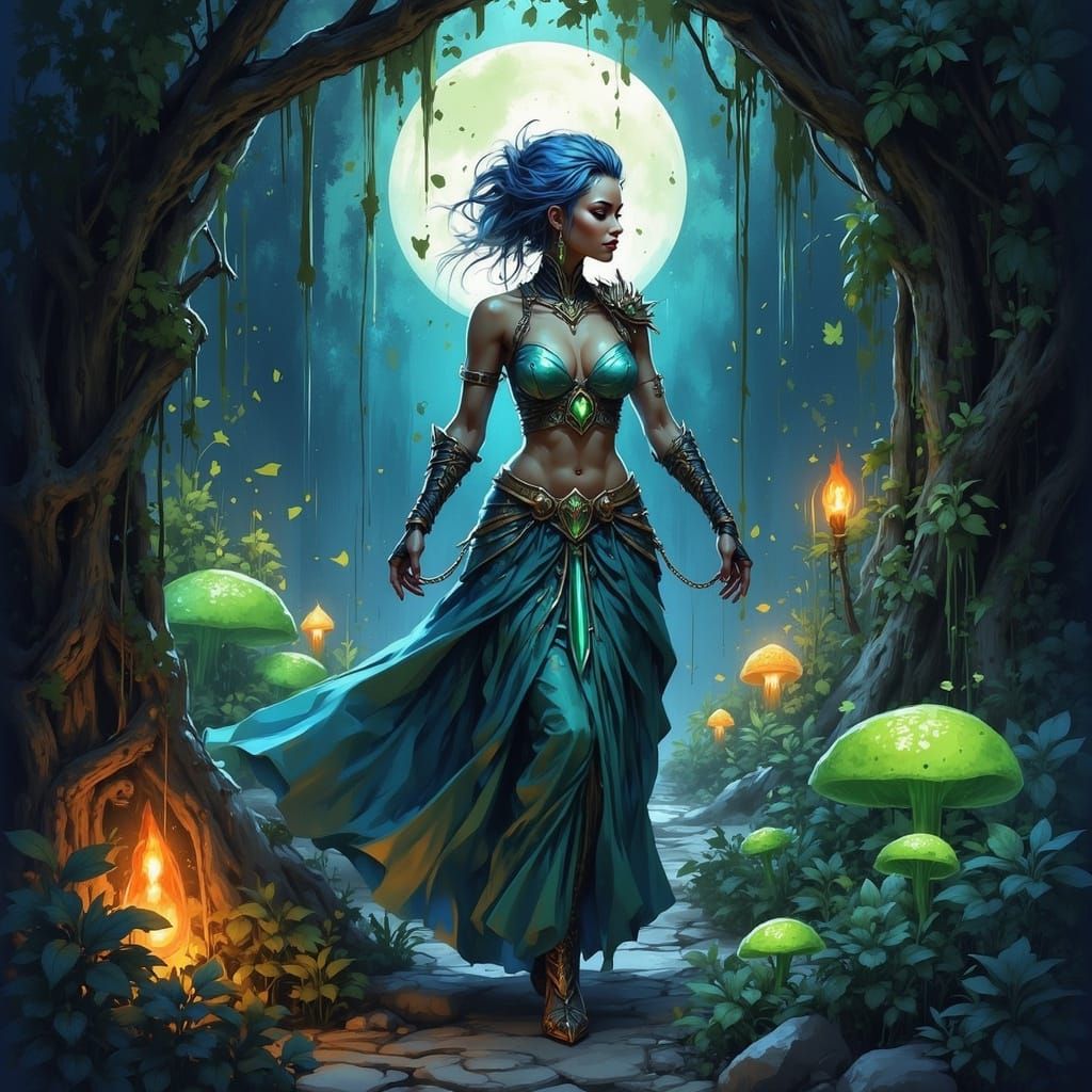 Cyborg Queen in Bioluminescent Grotto, Folk Art Nouveau