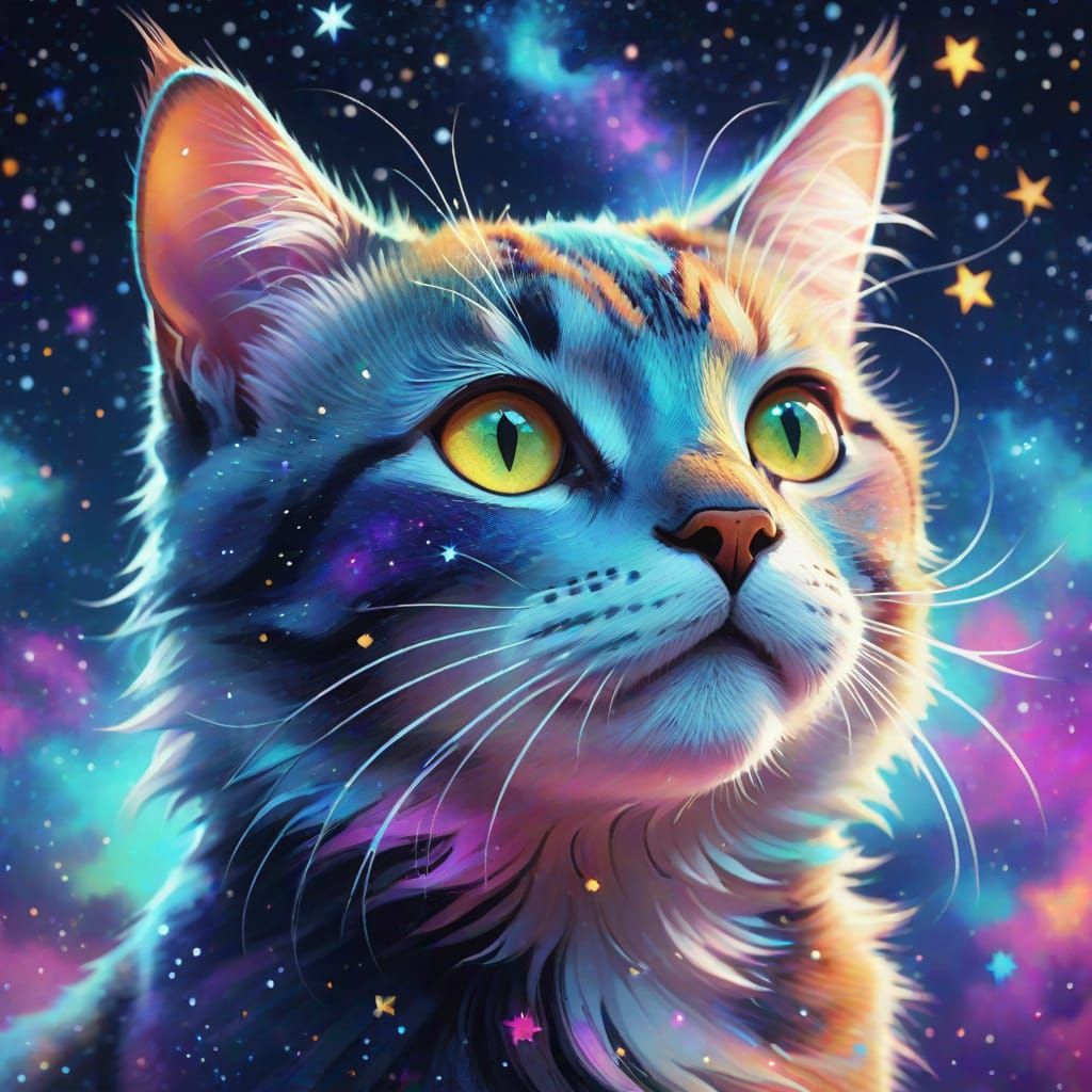 Surreal Cat in Starry Sky: Vibrant Oil Painting