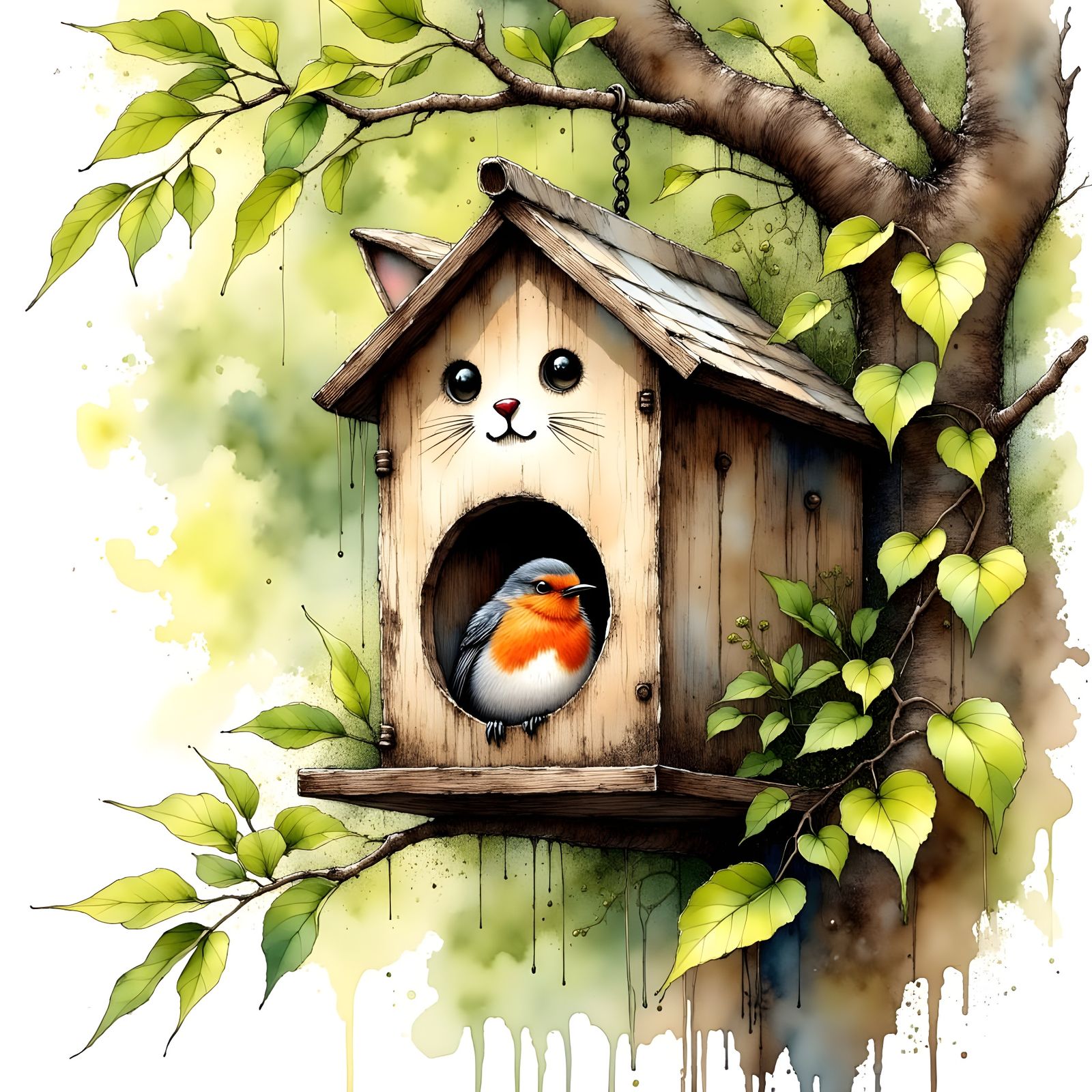 Robin in Whimsical Cat Birdhouse Ink Painting