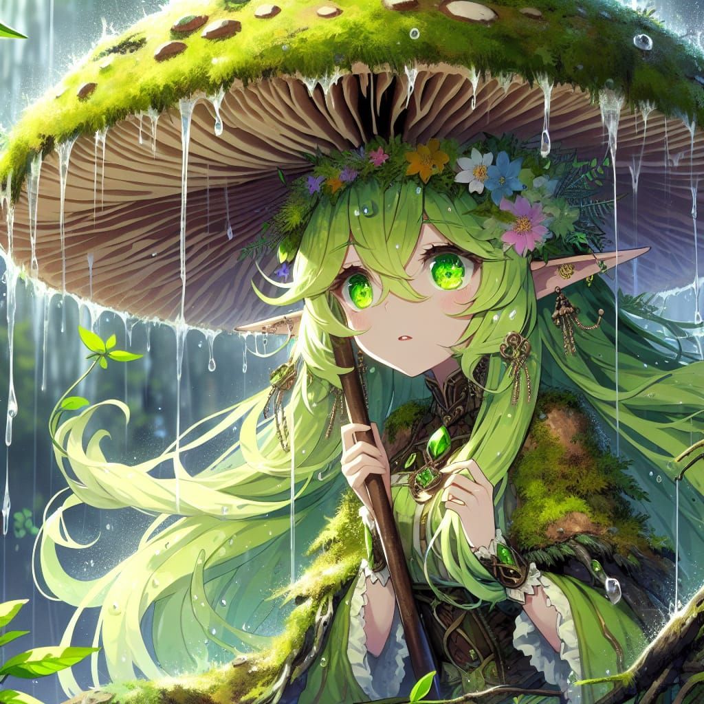 Anime Fairy Girl in Rainy Mushroom Grotto