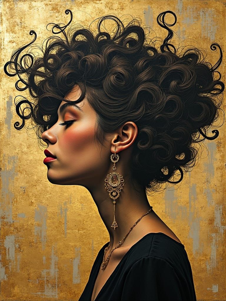 Swirling Hair Woman in Geometric Collage Style