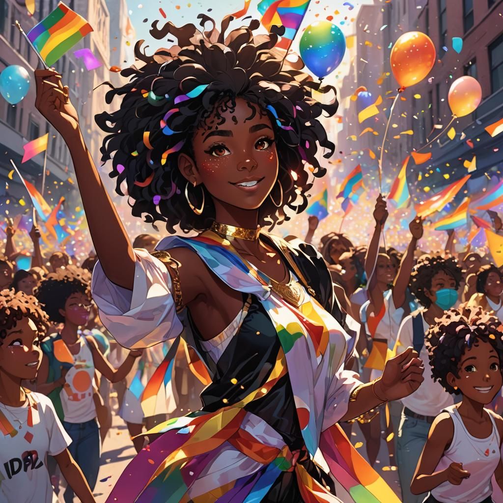 Anime Black Girl at Pride Parade in Afrofuturistic Style