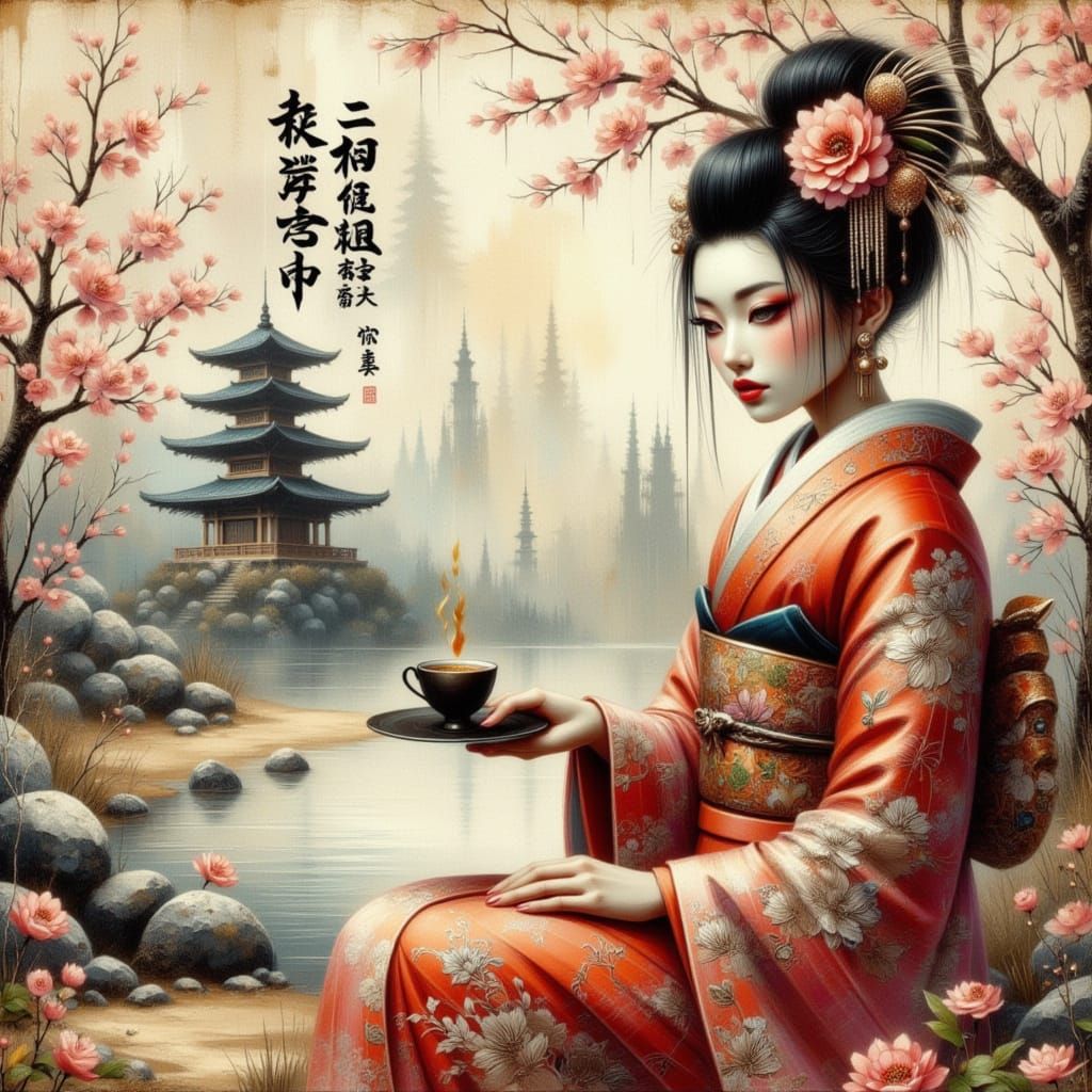 Elegant Geisha Serving Tea in Zen Garden