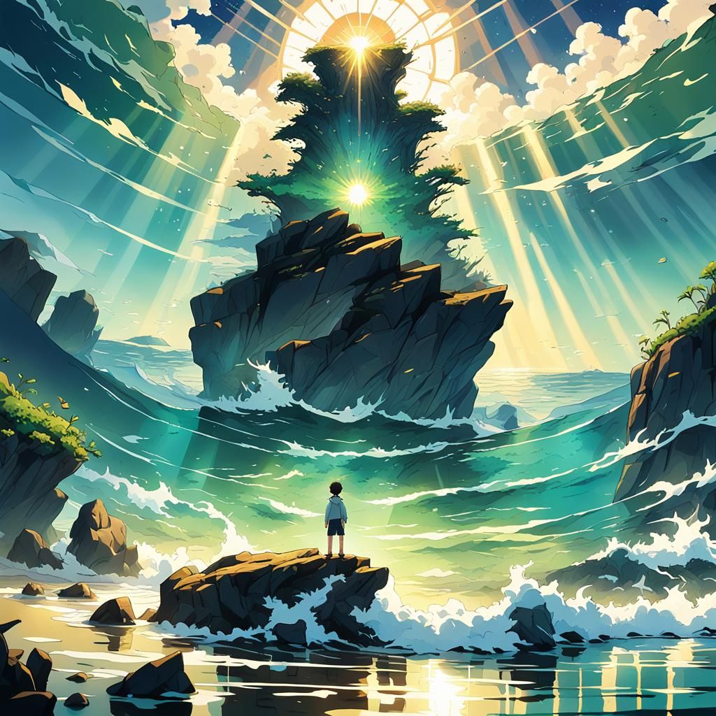 Anime Art: Youth Gazing at Ocean Horizon