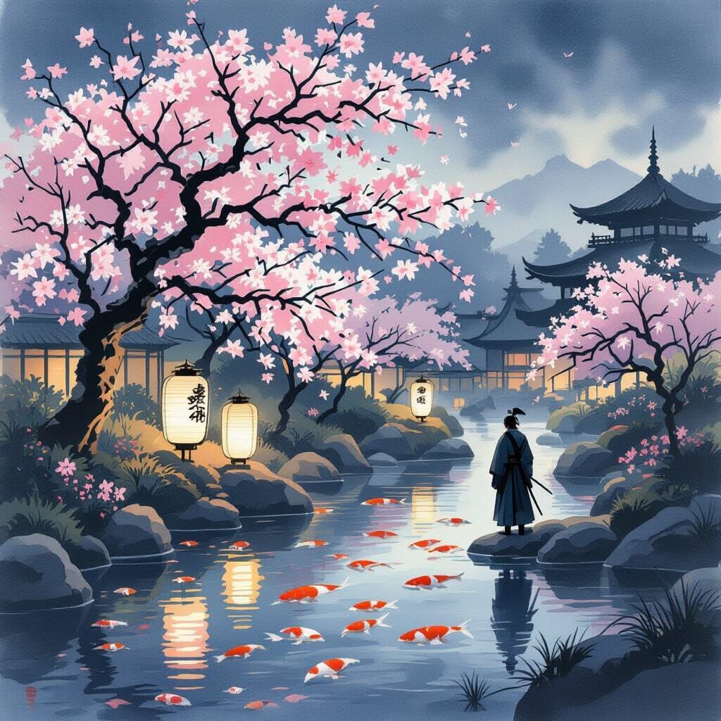 Serene Japanese Garden at Twilight with Samurai