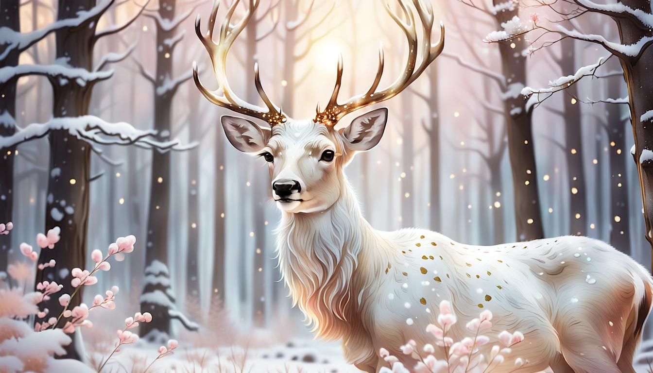 Magical White Deer in Winter Forest, Watercolor Style