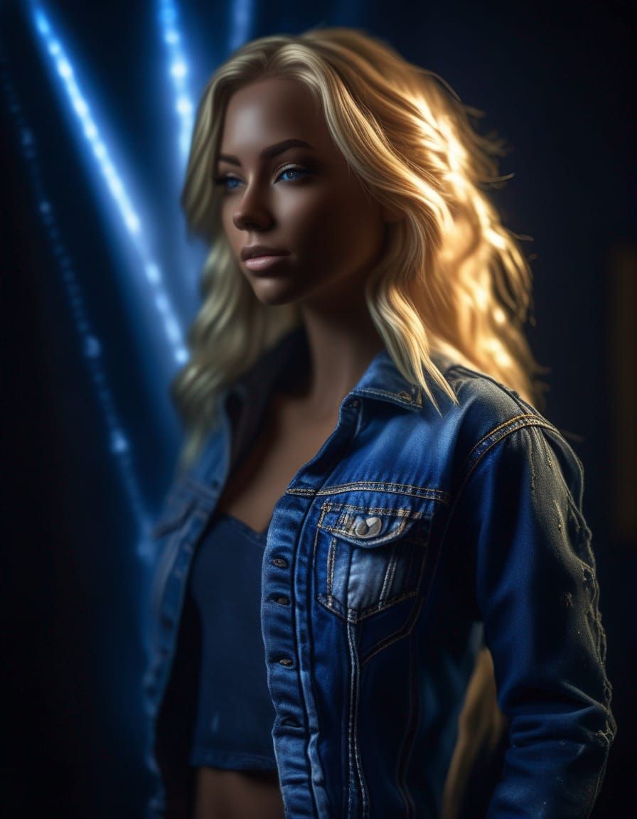 Hyperrealistic Denim Goddess with Neon God Rays