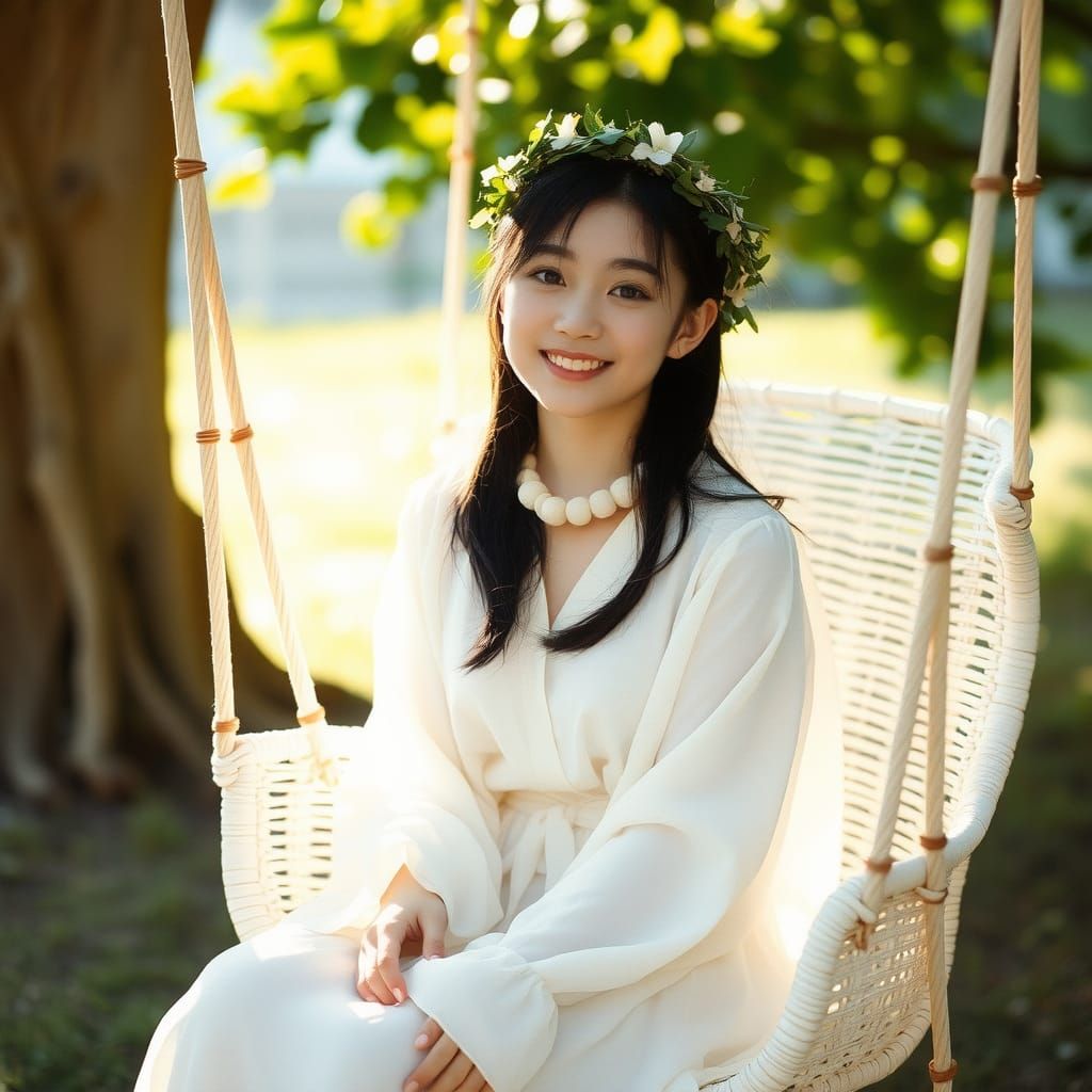 Happy Japanese Girl on Swing with Wreath