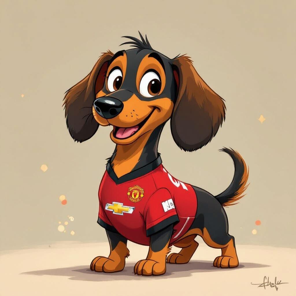 Pluto-Dachshund Mix in Man Utd Jersey, Vintage Cartoon Style
