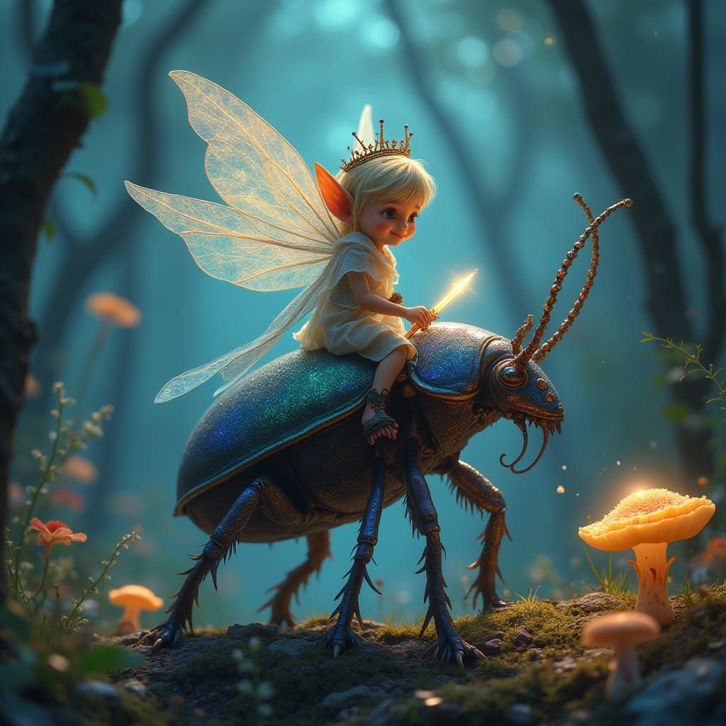 Enchanted Pixie Rides Iridescent Beetle Through Glowing Fore...