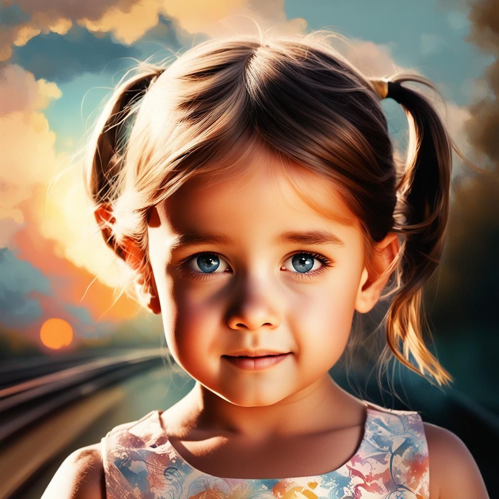 Childhood Wonder: Girl, Train, and Sky in Folk Art Style