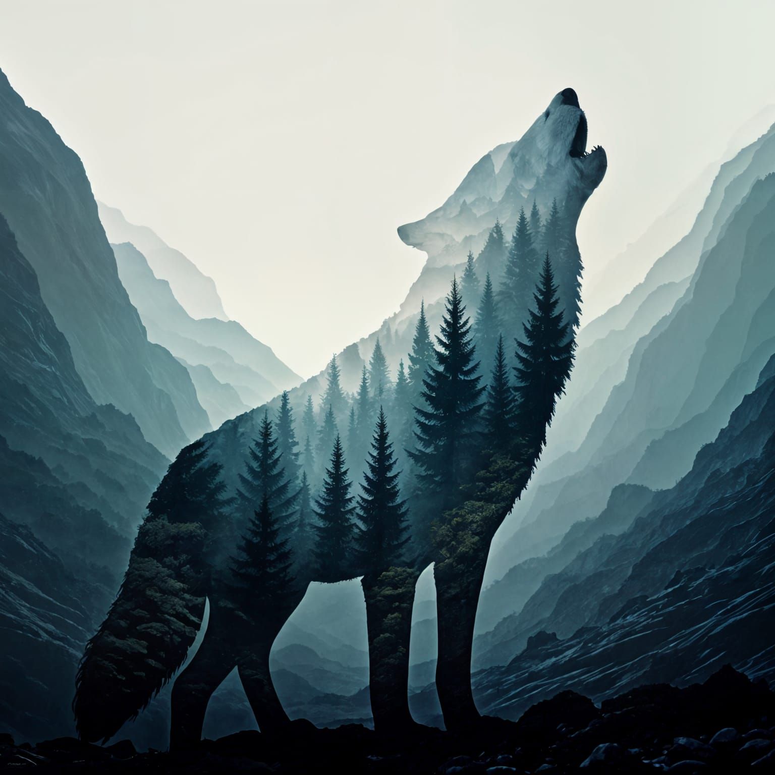 Wolf Silhouette Howling in Misty Mountain Double Exposure