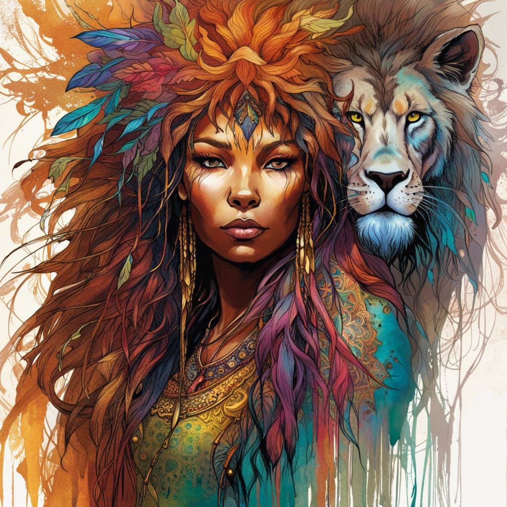 Enchanted Lion Witch in African Landscape