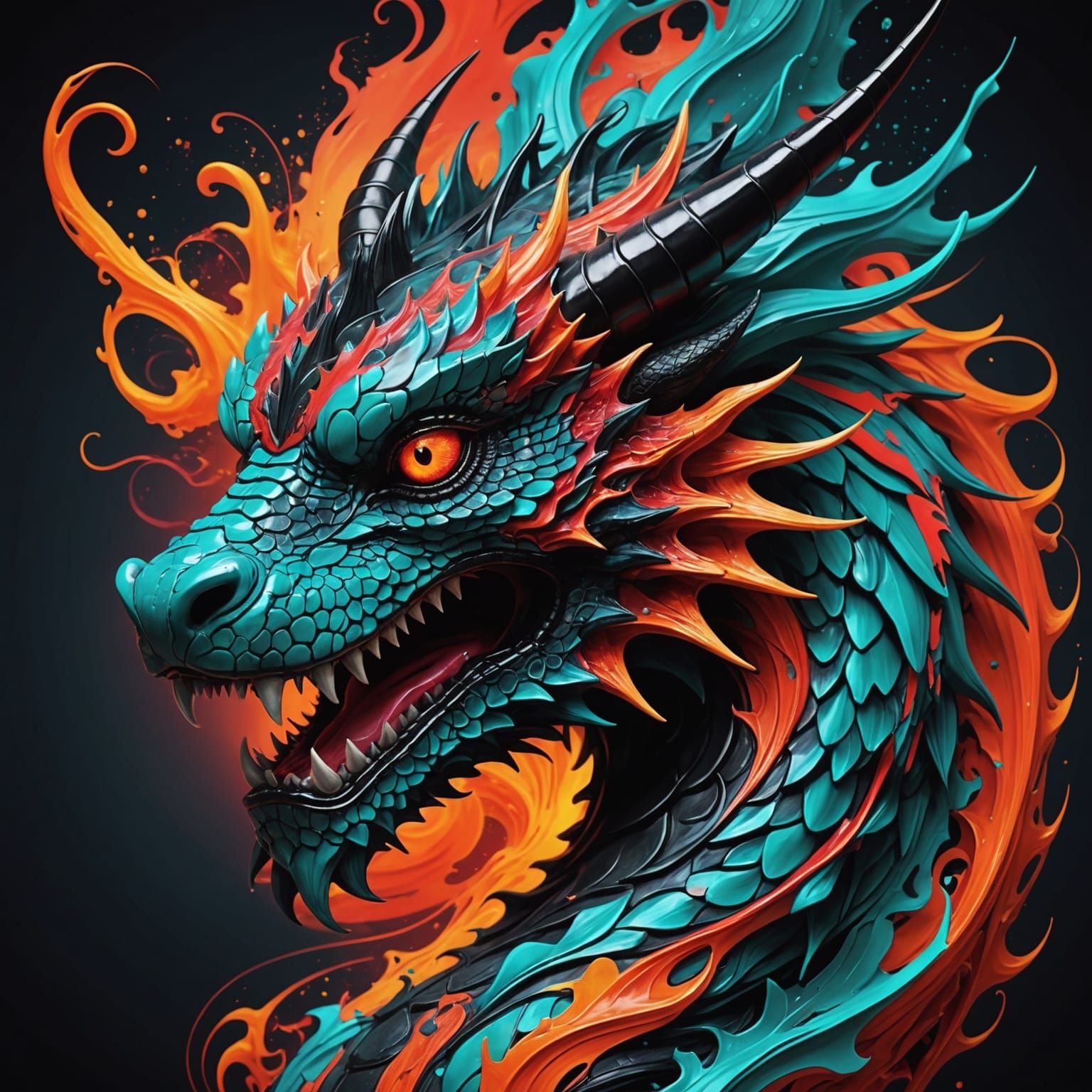 Majestic Dragon Head in Swirling Neon Colors