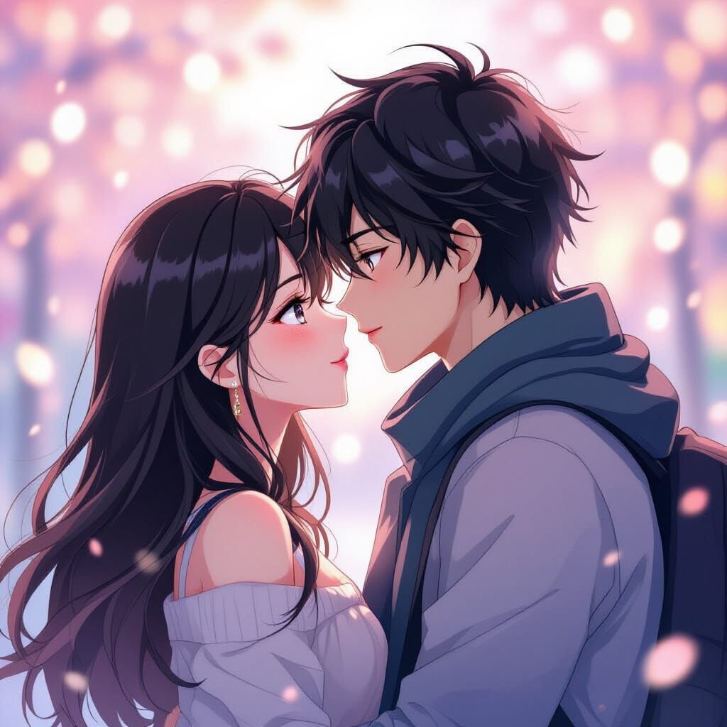 Anime Couple Kissing in Romantic Cel-Shaded Style