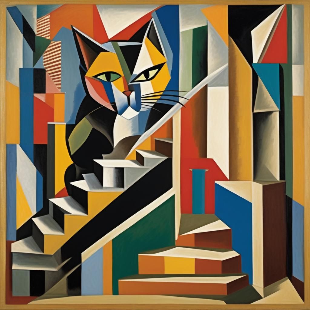 Cubist Cat Descending Staircase in Vibrant Colors