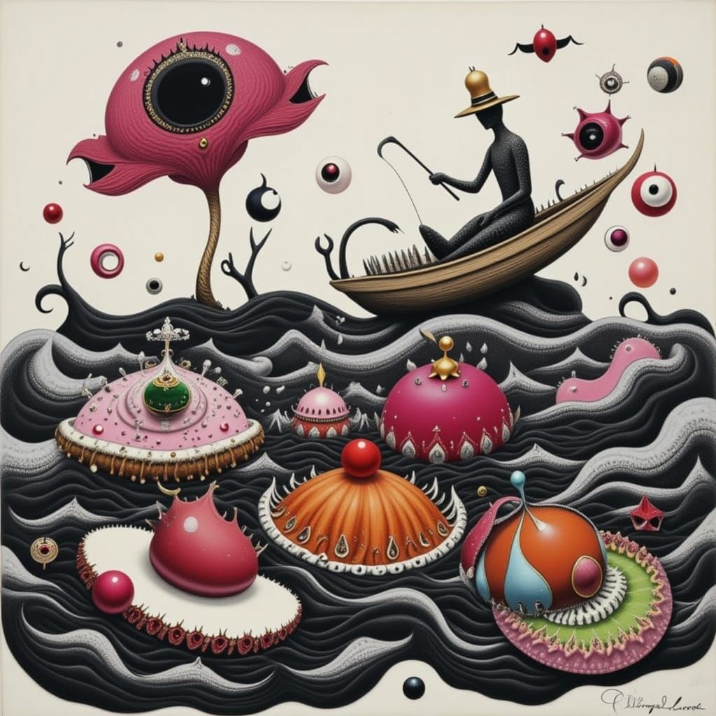 Surreal Paper Collage: Fisherman in Abstract Food Sea